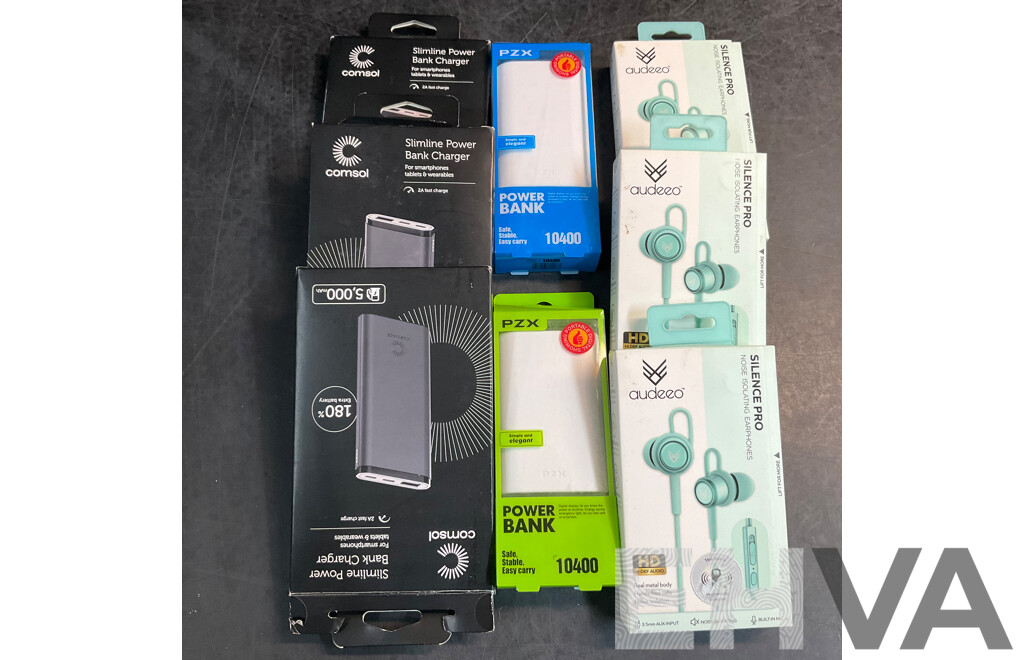 PZX, COMSOL Power Banks & Audeeo Earphones & Coles USB Cable - Lot of 9