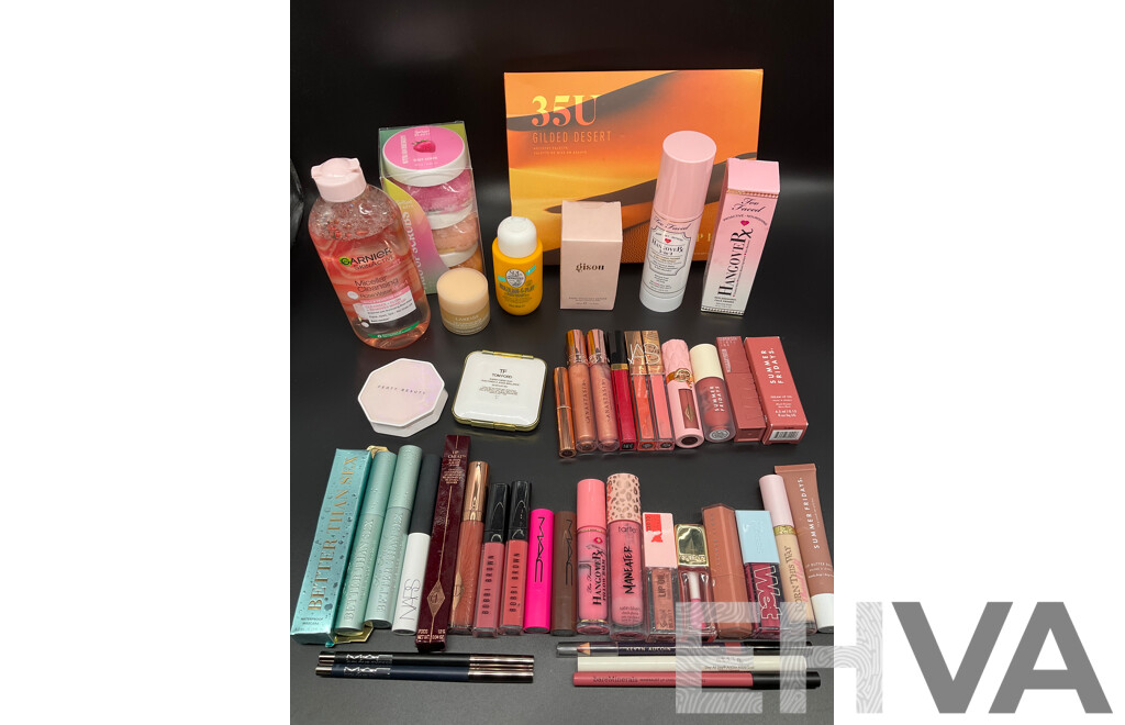 Assorted Used / Unused Cosmetics Including Too Faced, MAC, NARS, TOM FORD, Morphe, Charlotte Tilbury, Gisou and More