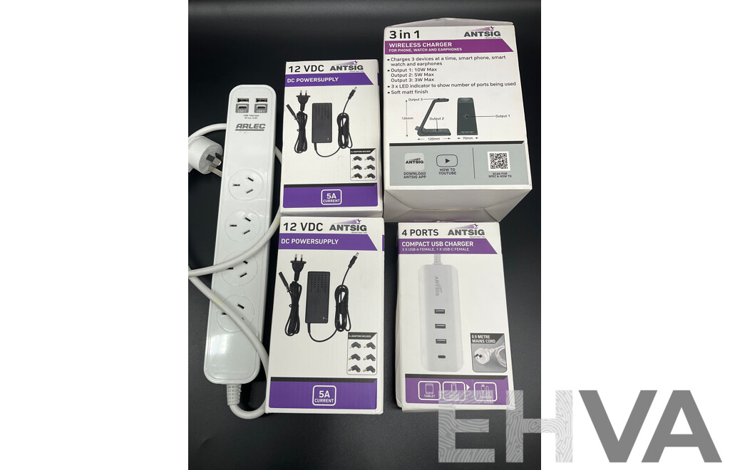 ARLEC 4 Outlet Powerboard with USB and C Charging Ports, ANTSIG 3in1 Wireless Charger, 12 VDC Powersupply and 4 Ports Compact Usb Charger - Lot of 5