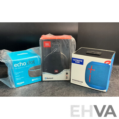 ULTIMATE EARS Wonderboom & JBL Clip3 Speaker & AMAZON Echo Dot - Lot of 3