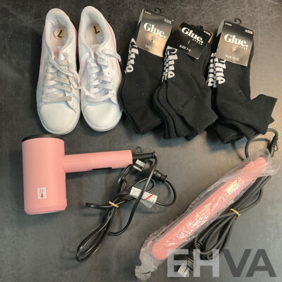 Puma Ladies Size 7 Shoes & Anko Hair Dryer & Straightener & Glue Black Socks - Lot of 5