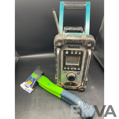 MAKITA (DMR107) JobSite Radio - Skin Only and SAXON 450g Hatchet (x2) - Lot of 3