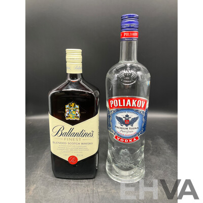 POLIAKOV Vodka 1L, BALLANTINES Whisky 1l - Lot of 2
