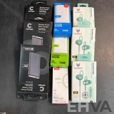 PZX, COMSOL Power Banks & Audeeo Earphones & Coles USB Cable - Lot of 9