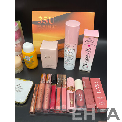 Assorted Used / Unused Cosmetics Including Too Faced, MAC, NARS, TOM FORD, Morphe, Charlotte Tilbury, Gisou and More
