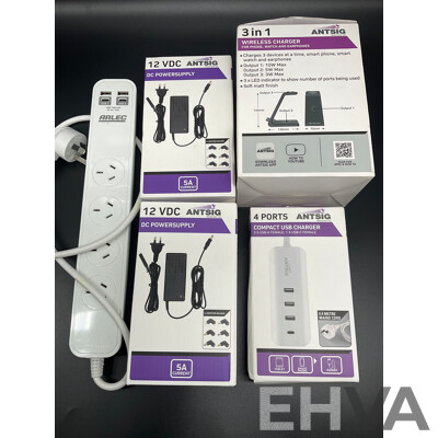 ARLEC 4 Outlet Powerboard with USB and C Charging Ports, ANTSIG 3in1 Wireless Charger, 12 VDC Powersupply and 4 Ports Compact Usb Charger - Lot of 5