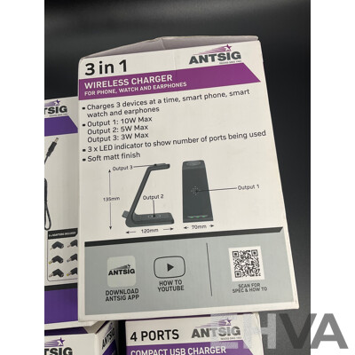 ARLEC 4 Outlet Powerboard with USB and C Charging Ports, ANTSIG 3in1 Wireless Charger, 12 VDC Powersupply and 4 Ports Compact Usb Charger - Lot of 5
