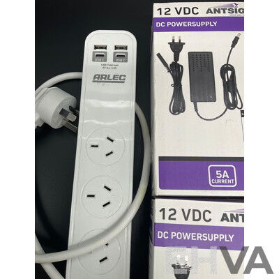 ARLEC 4 Outlet Powerboard with USB and C Charging Ports, ANTSIG 3in1 Wireless Charger, 12 VDC Powersupply and 4 Ports Compact Usb Charger - Lot of 5