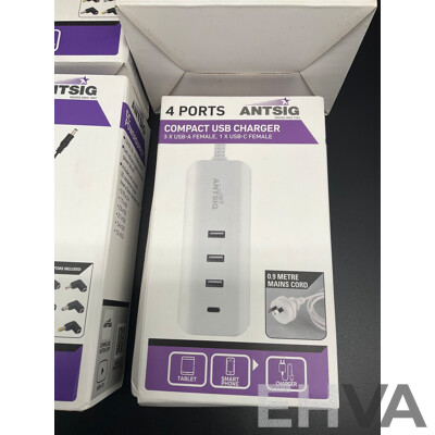 ARLEC 4 Outlet Powerboard with USB and C Charging Ports, ANTSIG 3in1 Wireless Charger, 12 VDC Powersupply and 4 Ports Compact Usb Charger - Lot of 5