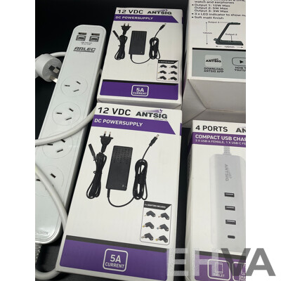 ARLEC 4 Outlet Powerboard with USB and C Charging Ports, ANTSIG 3in1 Wireless Charger, 12 VDC Powersupply and 4 Ports Compact Usb Charger - Lot of 5