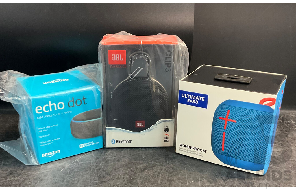 ULTIMATE EARS Wonderboom & JBL Clip3 Speaker & AMAZON Echo Dot - Lot of 3