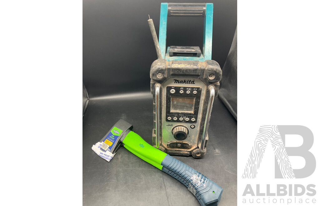 MAKITA (DMR107) JobSite Radio - Skin Only and SAXON 450g Hatchet (x2) - Lot of 3