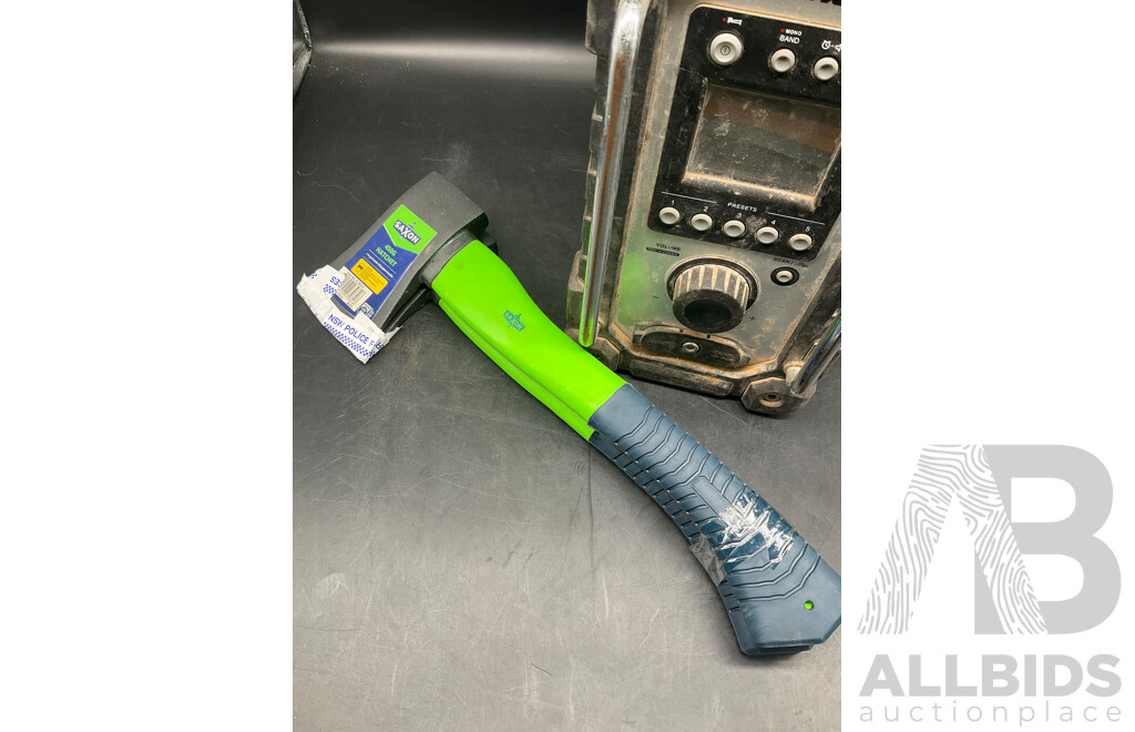 MAKITA (DMR107) JobSite Radio - Skin Only and SAXON 450g Hatchet (x2) - Lot of 3
