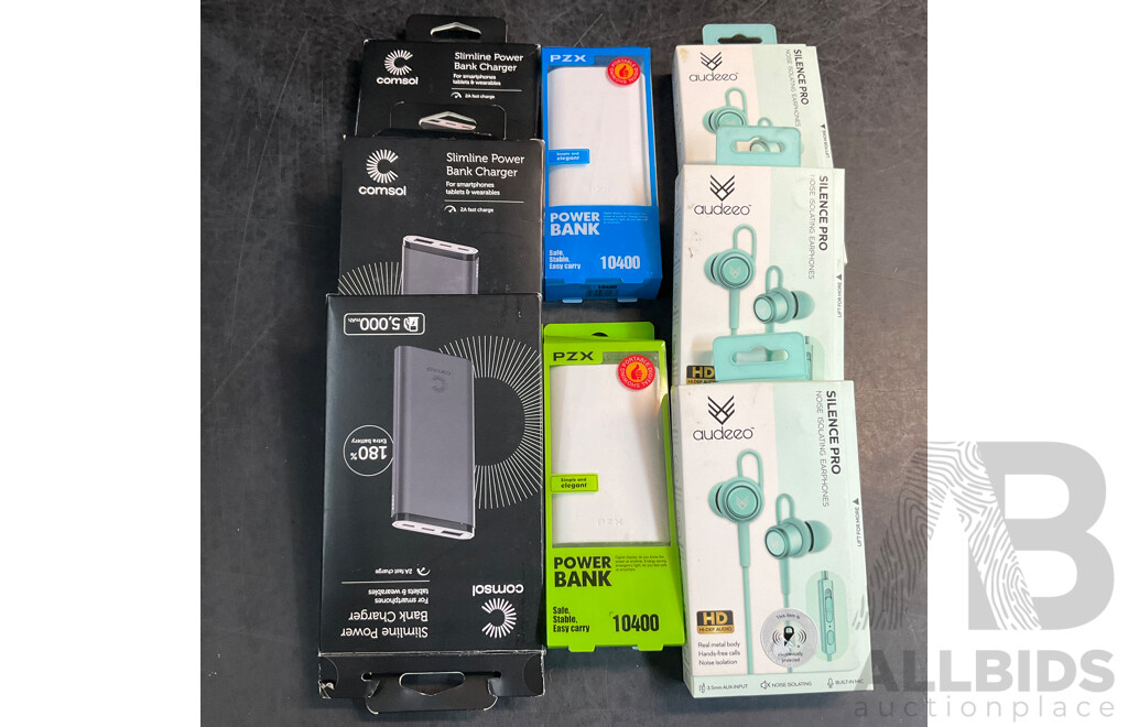 PZX, COMSOL Power Banks & Audeeo Earphones & Coles USB Cable - Lot of 9