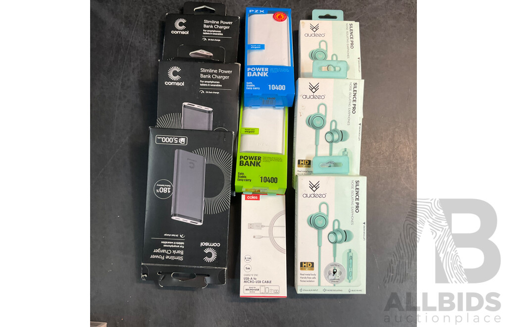 PZX, COMSOL Power Banks & Audeeo Earphones & Coles USB Cable - Lot of 9