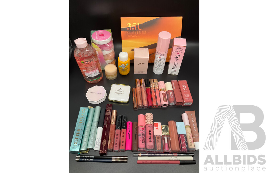 Assorted Used / Unused Cosmetics Including Too Faced, MAC, NARS, TOM FORD, Morphe, Charlotte Tilbury, Gisou and More