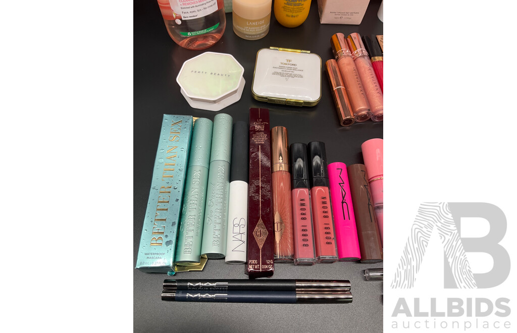 Assorted Used / Unused Cosmetics Including Too Faced, MAC, NARS, TOM FORD, Morphe, Charlotte Tilbury, Gisou and More