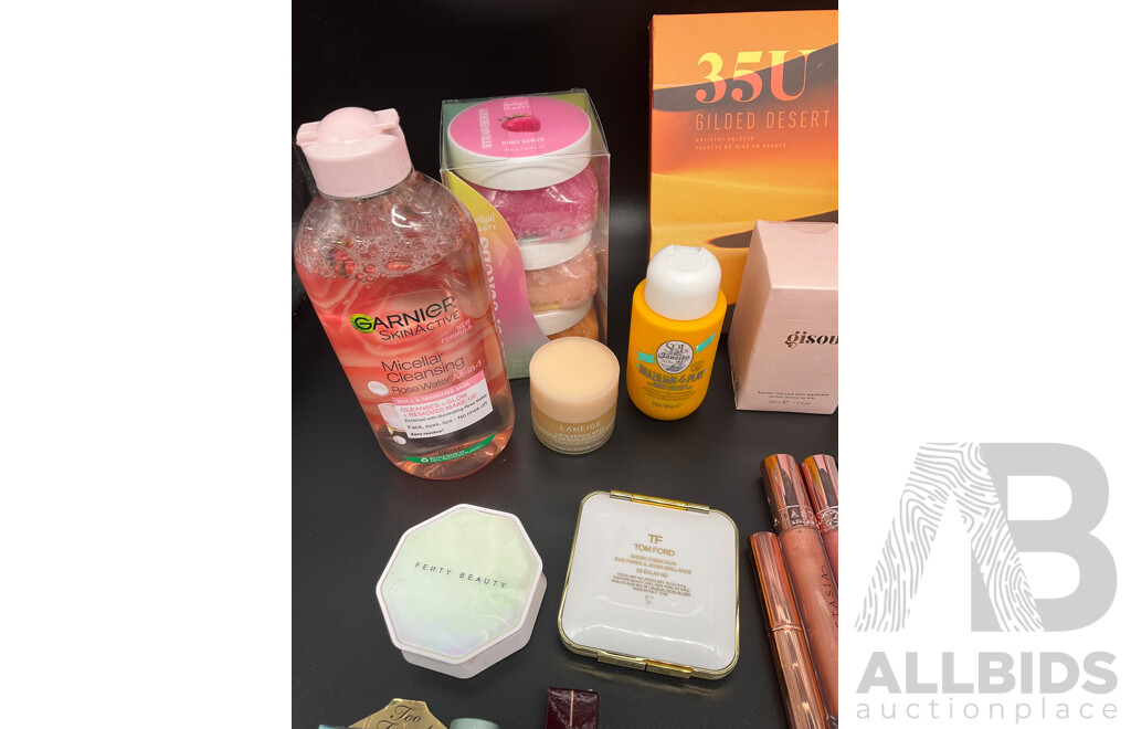 Assorted Used / Unused Cosmetics Including Too Faced, MAC, NARS, TOM FORD, Morphe, Charlotte Tilbury, Gisou and More