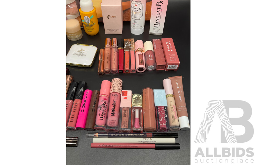 Assorted Used / Unused Cosmetics Including Too Faced, MAC, NARS, TOM FORD, Morphe, Charlotte Tilbury, Gisou and More