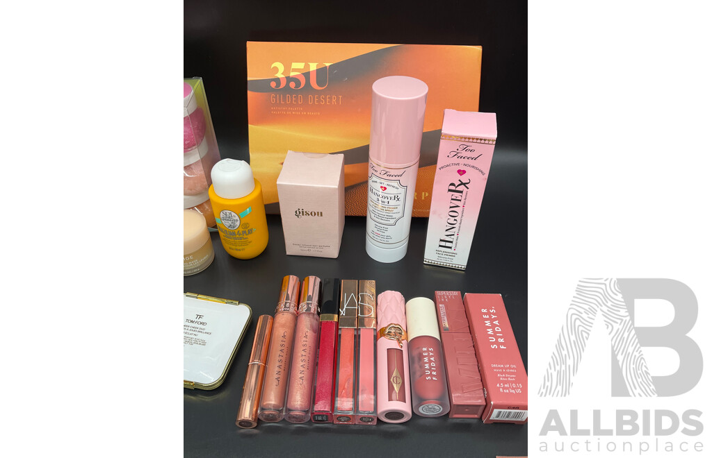 Assorted Used / Unused Cosmetics Including Too Faced, MAC, NARS, TOM FORD, Morphe, Charlotte Tilbury, Gisou and More