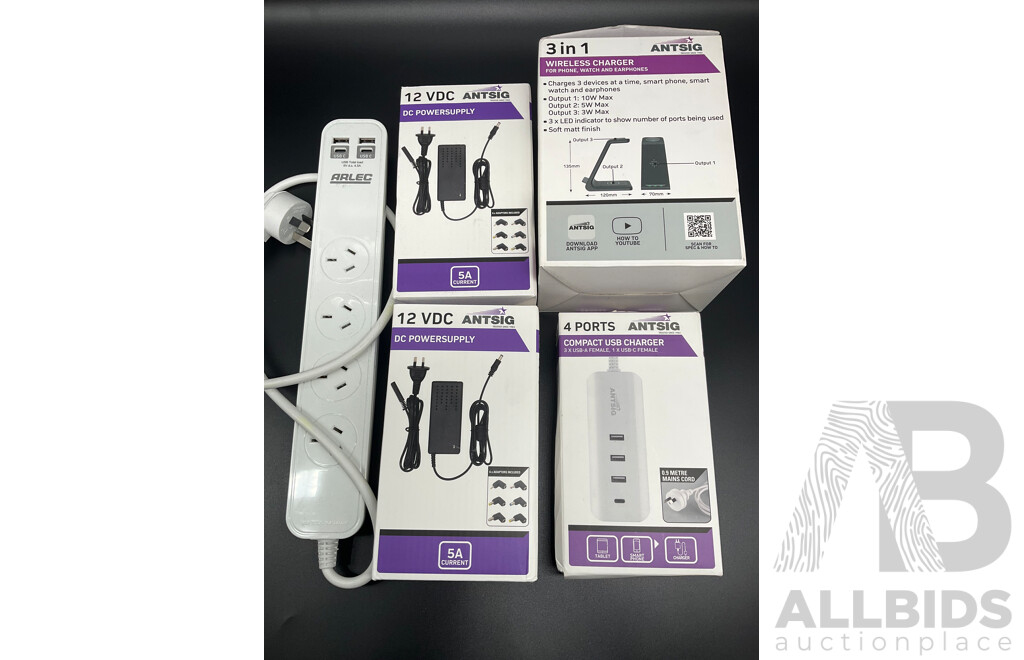 ARLEC 4 Outlet Powerboard with USB and C Charging Ports, ANTSIG 3in1 Wireless Charger, 12 VDC Powersupply and 4 Ports Compact Usb Charger - Lot of 5