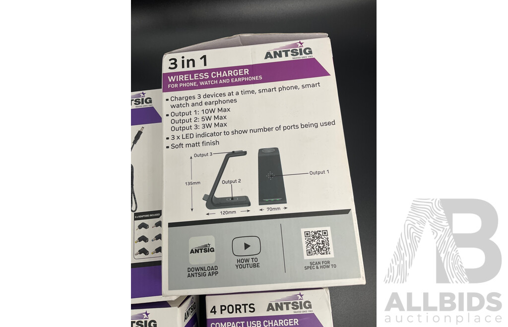 ARLEC 4 Outlet Powerboard with USB and C Charging Ports, ANTSIG 3in1 Wireless Charger, 12 VDC Powersupply and 4 Ports Compact Usb Charger - Lot of 5