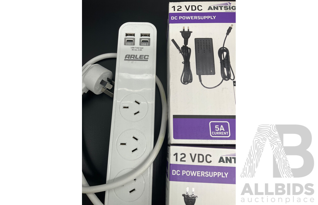 ARLEC 4 Outlet Powerboard with USB and C Charging Ports, ANTSIG 3in1 Wireless Charger, 12 VDC Powersupply and 4 Ports Compact Usb Charger - Lot of 5