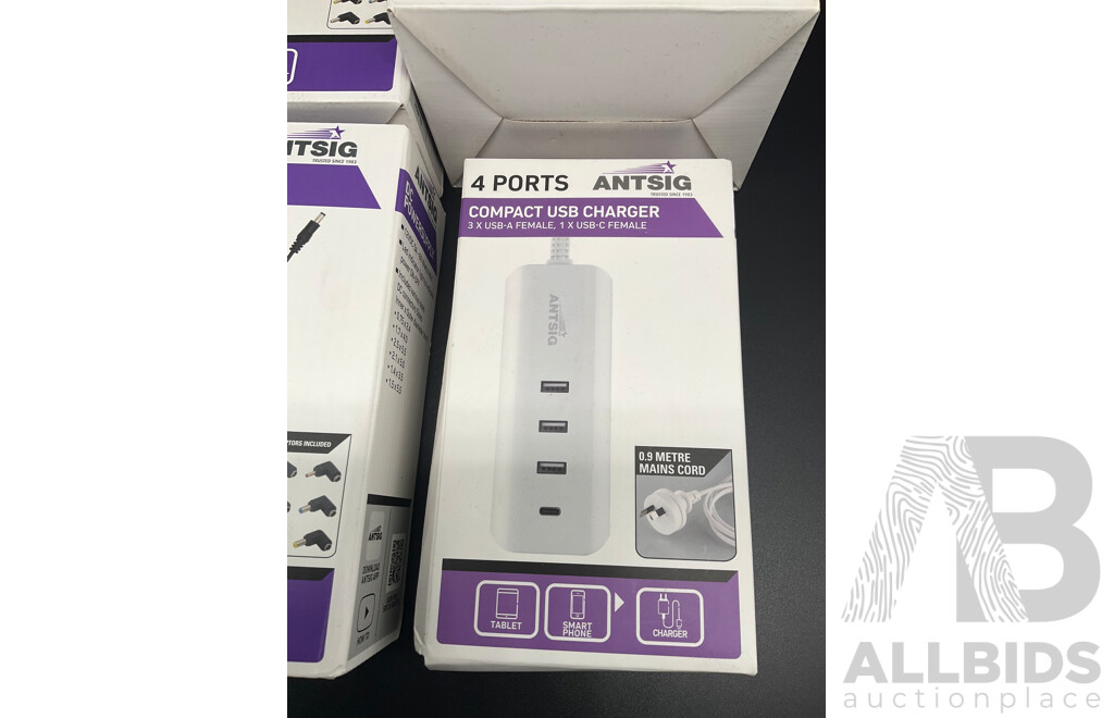ARLEC 4 Outlet Powerboard with USB and C Charging Ports, ANTSIG 3in1 Wireless Charger, 12 VDC Powersupply and 4 Ports Compact Usb Charger - Lot of 5