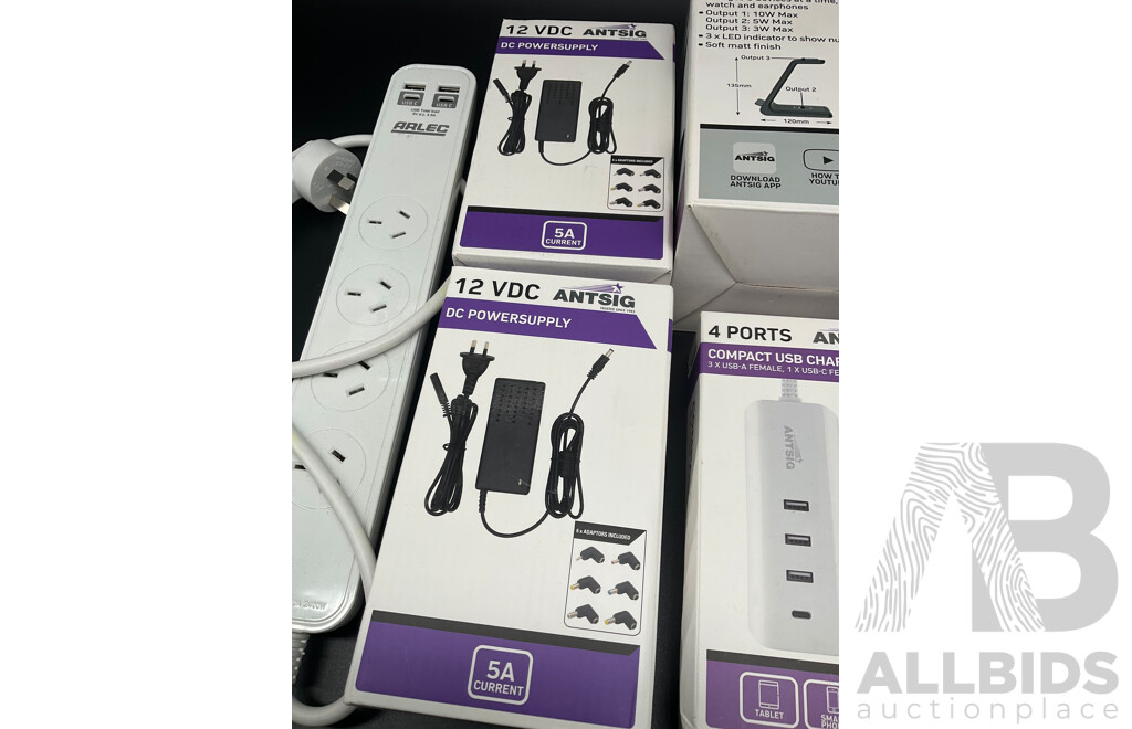ARLEC 4 Outlet Powerboard with USB and C Charging Ports, ANTSIG 3in1 Wireless Charger, 12 VDC Powersupply and 4 Ports Compact Usb Charger - Lot of 5