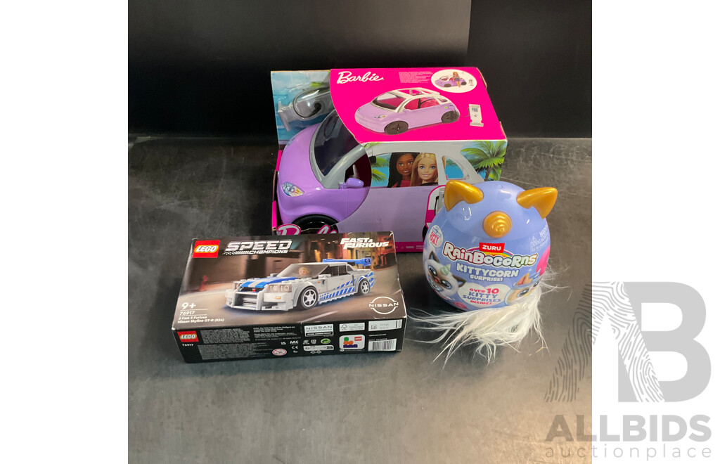 LEGO 76917 Fast & Furious Nissan Skyline GT-R & Barbie Vehicle & ZURU Rainbocorns - Lot of 3