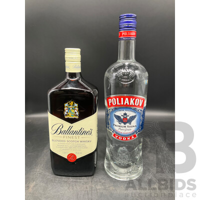 POLIAKOV Vodka 1L, BALLANTINES Whisky 1l - Lot of 2