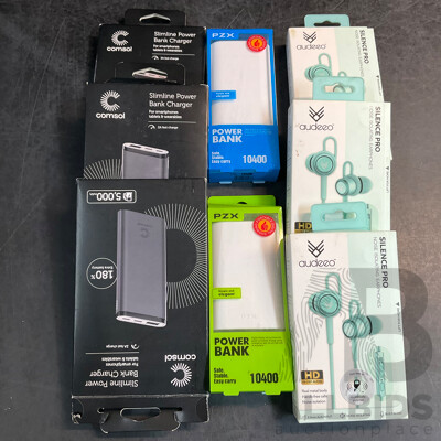 PZX, COMSOL Power Banks & Audeeo Earphones & Coles USB Cable - Lot of 9