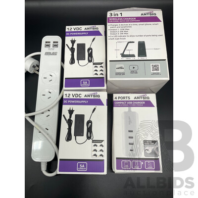 ARLEC 4 Outlet Powerboard with USB and C Charging Ports, ANTSIG 3in1 Wireless Charger, 12 VDC Powersupply and 4 Ports Compact Usb Charger - Lot of 5