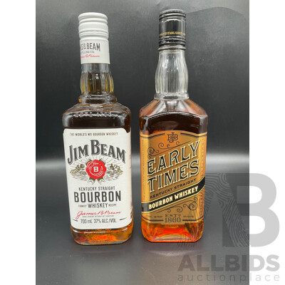 EARLY TIMES Bourbon Whisky 700ml, JIM BEAM Whisky 700ml   - Lot of 2