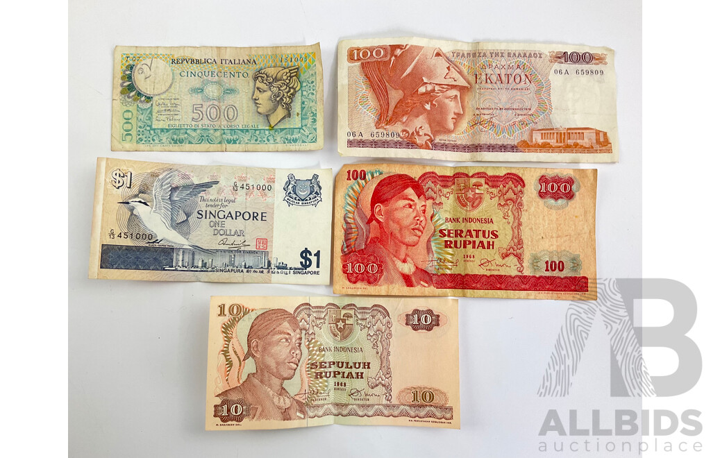 International Banknotes Including Singapore, Italy, Indonesia, Greece