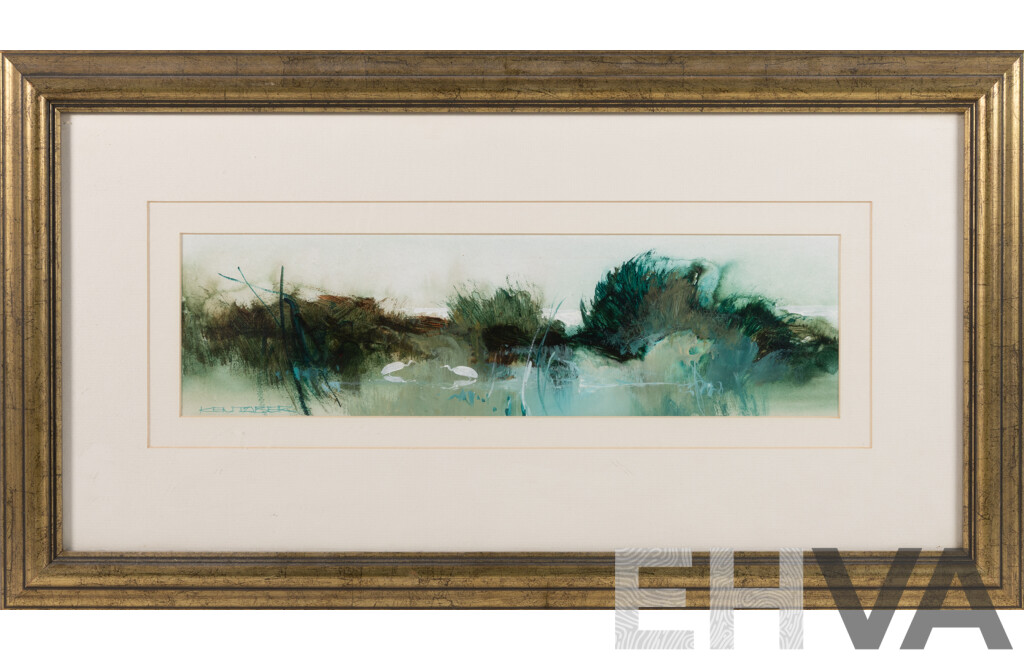 Ken Taber, (20th Century, Australian, 1942-), Backwater I, Oil on Board, 12 x 42 cm (image); 37 x 67 cm (frame)
