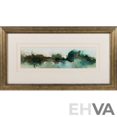 Ken Taber, (20th Century, Australian, 1942-), Backwater I, Oil on Board, 12 x 42 cm (image); 37 x 67 cm (frame)