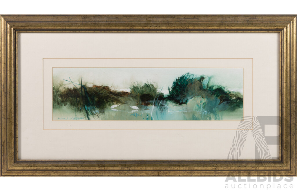 Ken Taber, (20th Century, Australian, 1942-), Backwater I, Oil on Board, 12 x 42 cm (image); 37 x 67 cm (framed)
