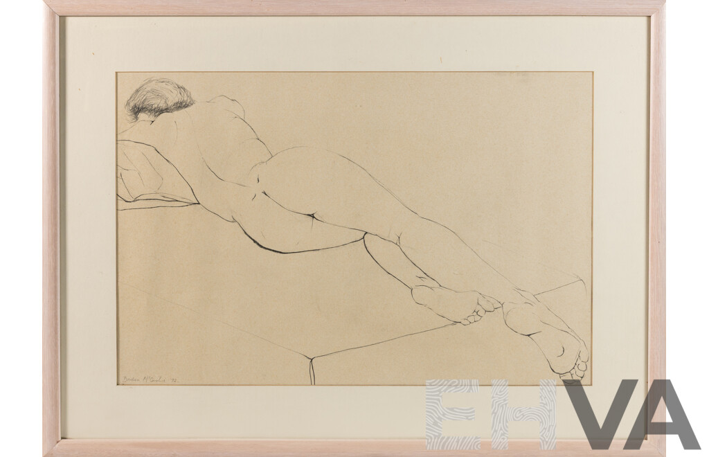 Barbara McConchie, (20th Century, Australian), Reclining Nude Sleeping (1992), Original Pencil Sketch, 53 x 72 cm (frame)