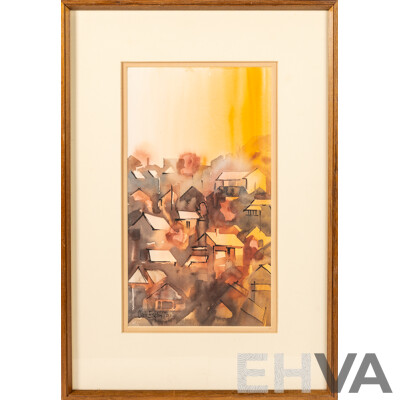 Clark Esplin, (20th Century, Scottish-Born New Zealander, 1941-2021), Morning in Hill Village, Tuscany (1978), Wonderful Original Vintage Watercolour, 55 x 38 cm (frame)