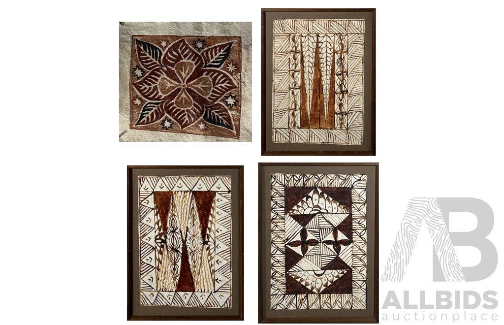Lovely Collection of Four Vintage Tapa Cloths - One Loose Pua Samoa Siapo & Three Framed Polynesian Mats, Natural Dyes on Handmade Bark Cloth, 55 x 38.5 cm (frames) (4)