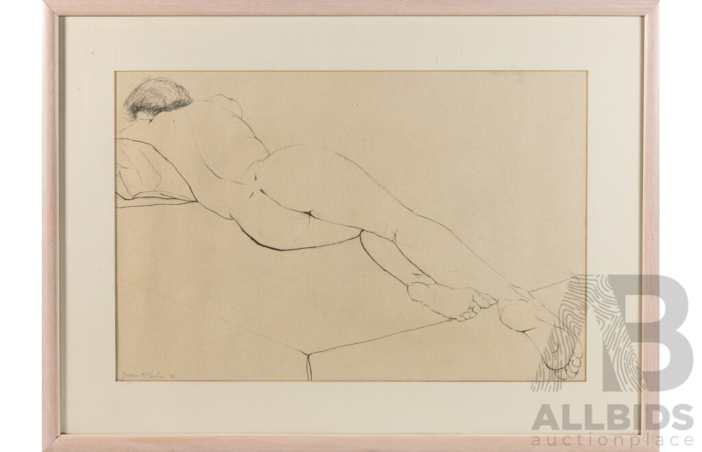 Barbara McConchie, (20th Century, Australian), Reclining Nude Sleeping (1992), Original Pencil Sketch, 53 x 72 cm (frame)