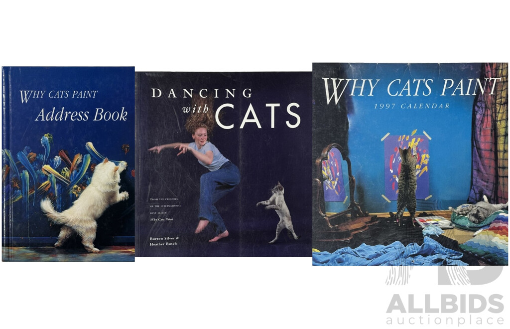 Burton Silver & Heather Busch (20th Century, New Zealanders), 'Why Cats Paint' - Unused Address Book & 1997 Calendar, Alongside Book 'Dancing with Cats' - 24.5 x 24.5 cm (book) (3)