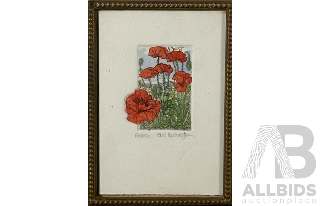 Sue Lewington, (20th Century, British, 1949-), Poppies, Original Hand Coloured Etching, 17 x 12 cm (frame)