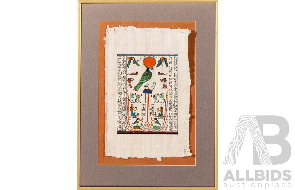 Artist Unknown (20th Century, Egyptian School), Ra-Horakhty, Vintage Coloured Pigment on Papyrus, 42 x 31 cm (frame)