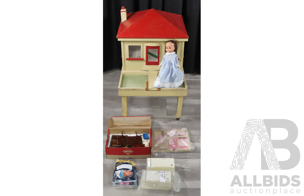 Bespoke Timber Dolls House on Castors with Furniture, Clothing and Doll
