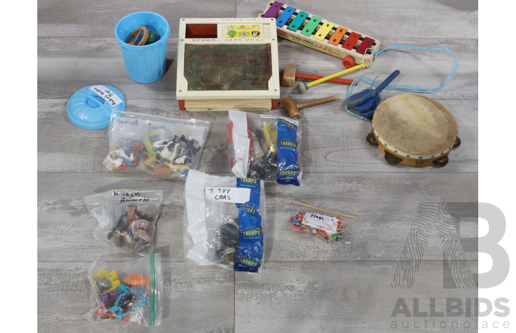 Vintage Fisher Price Pull-A-Tune and School Days Desk with Diecast Cars, Tambourine, Plastic Animals, Wooden Clapper, Cooking/Playdough Moulds