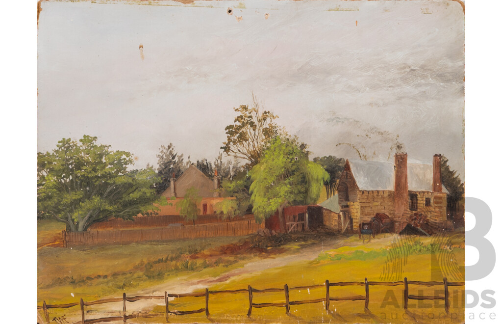 TWF, (19th Century, Australia), Country Cottage, Antique Oil on Thick Cardboard, 18 x 23.5 cm