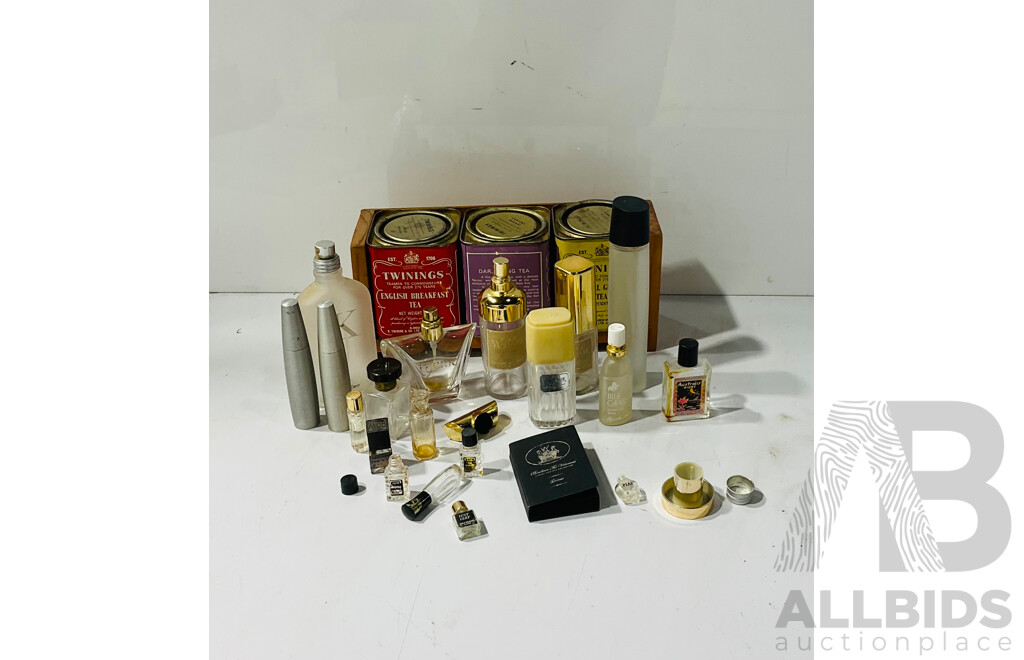 Collection of Empty Vintage Tea Tins and Perfume Bottlew