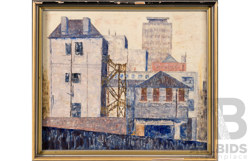 John Oswin, (20th Century, Australian, Active 1970s), Office Window View (1972), Vintage Oil on Board, 34 x 39 cm (frame)